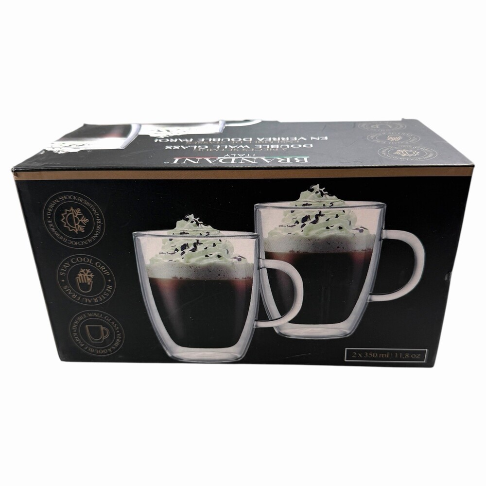 Brandani Italy Double Wall Insulated Glass Coffee Mugs Cups 11 oz Set of 2 NIB